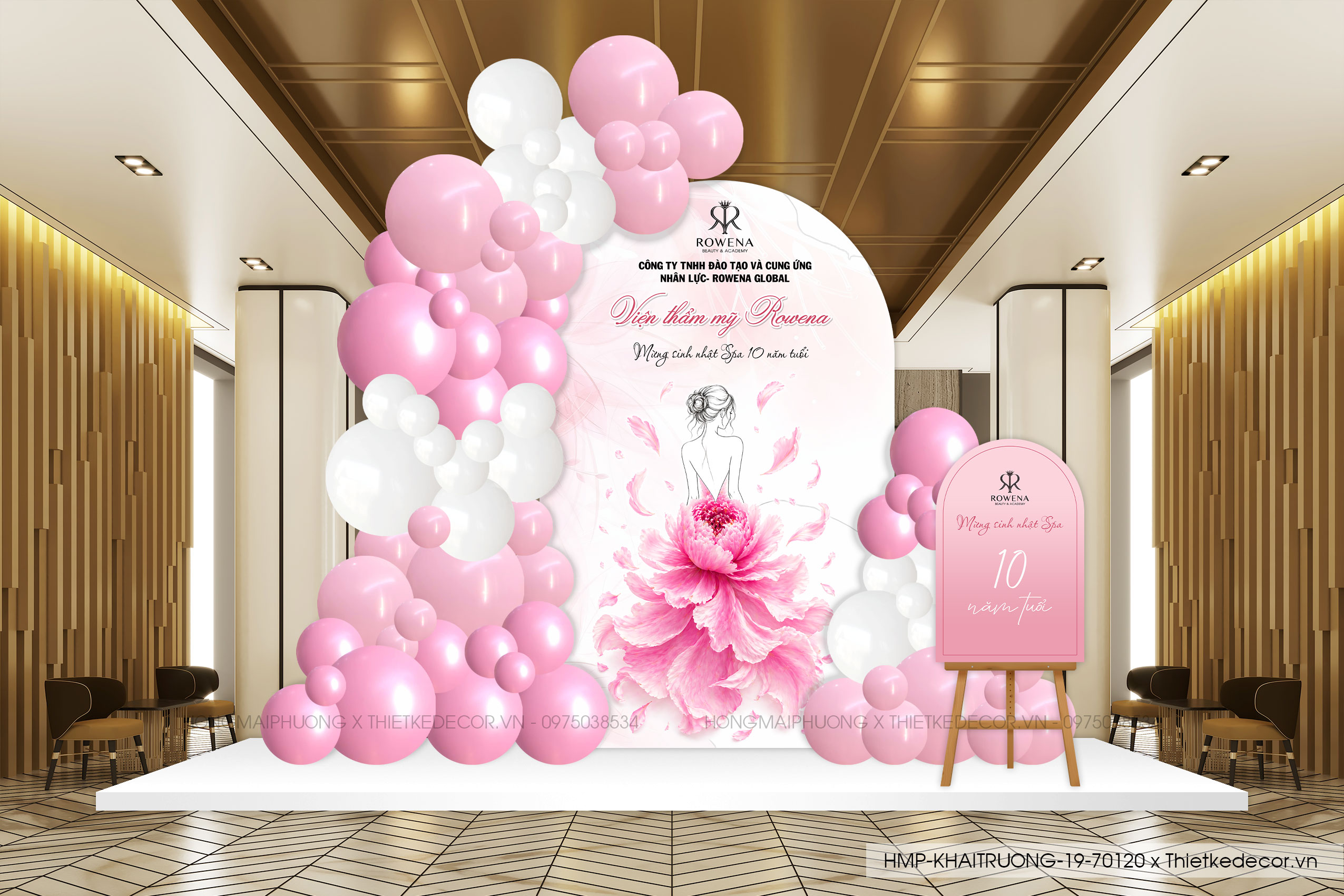 File thiết kế decor- trang trí background khai trương mix bóng tinh giản sang trọng tone hồng